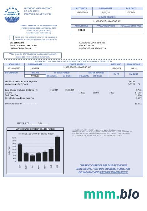 Szablon rachunku za media Biznesowe w USA Lakewood Water District w formatach Word i PDF